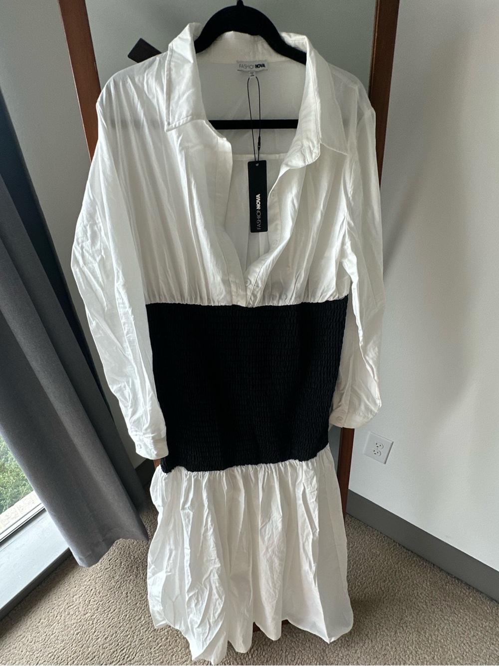 Fashion Nova Olivia Smocked Maxi Shirt Dress - White/Black - Picture 4 of 5